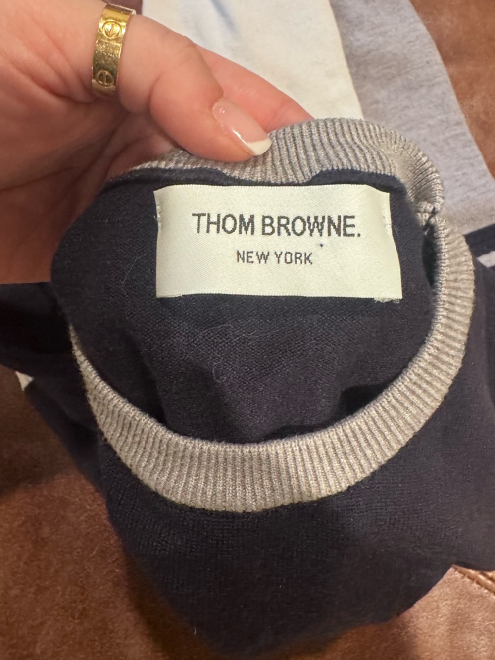 Thom Browne Milano Colorblock Crewneck Sweater - Navy, Gray & Cream - Picture 2 of 11
